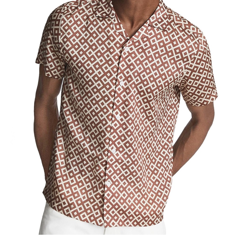 Reiss Men's Brown and White Diamond Print Shirt